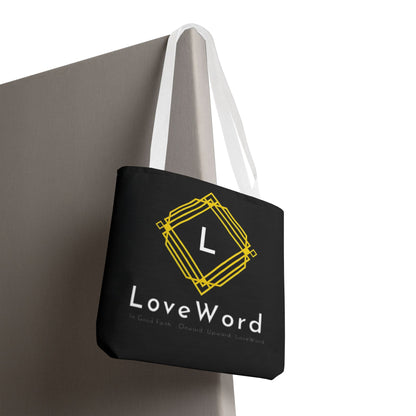 LoveWord Black Logo Tote Bag — Gold Geometric Monogram AOP Tote