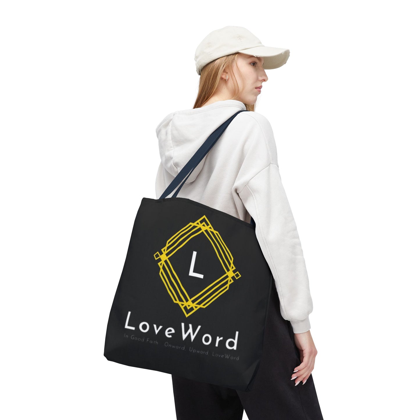 LoveWord Black Logo Tote Bag — Gold Geometric Monogram AOP Tote