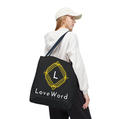 LoveWord Black Logo Tote Bag — Gold Geometric Monogram AOP Tote