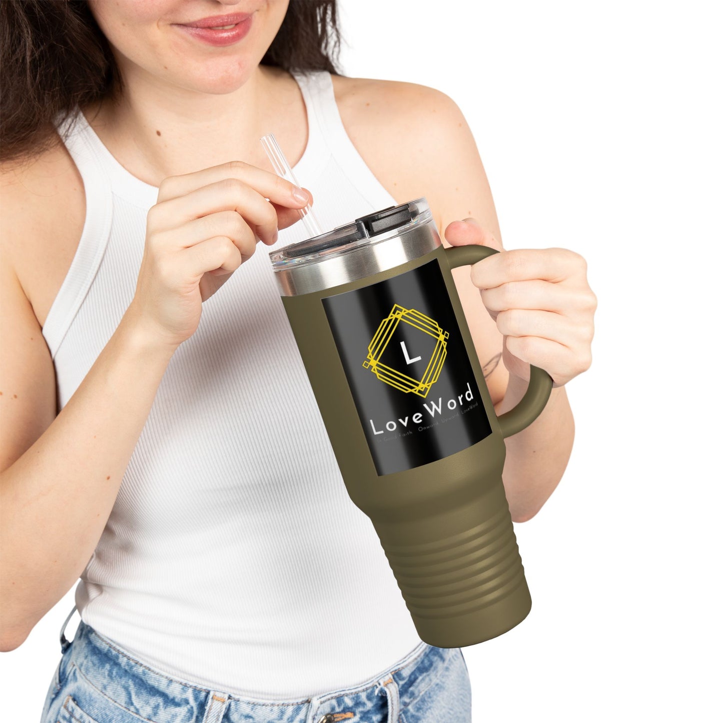 40oz Insulated Travel Mug with LoveWord Logo — Large Spill‑Resistant Tumbler with Straw & Handle