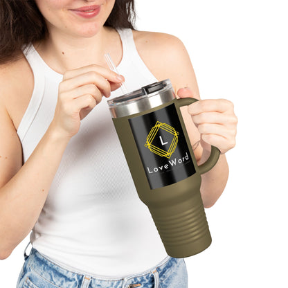 40oz Insulated Travel Mug with LoveWord Logo — Large Spill‑Resistant Tumbler with Straw & Handle