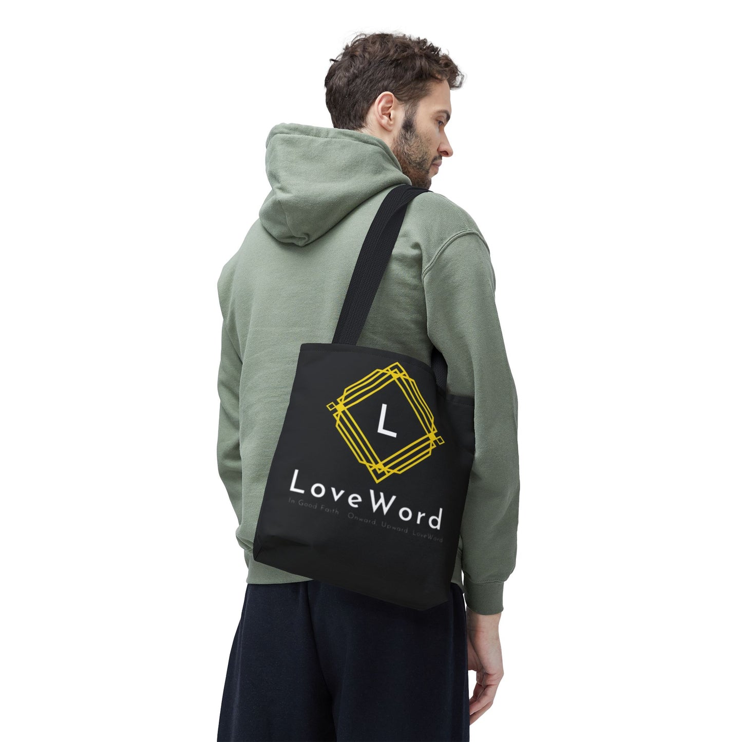 LoveWord Black Logo Tote Bag — Gold Geometric Monogram AOP Tote