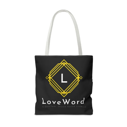 LoveWord Black Logo Tote Bag — Gold Geometric Monogram AOP Tote
