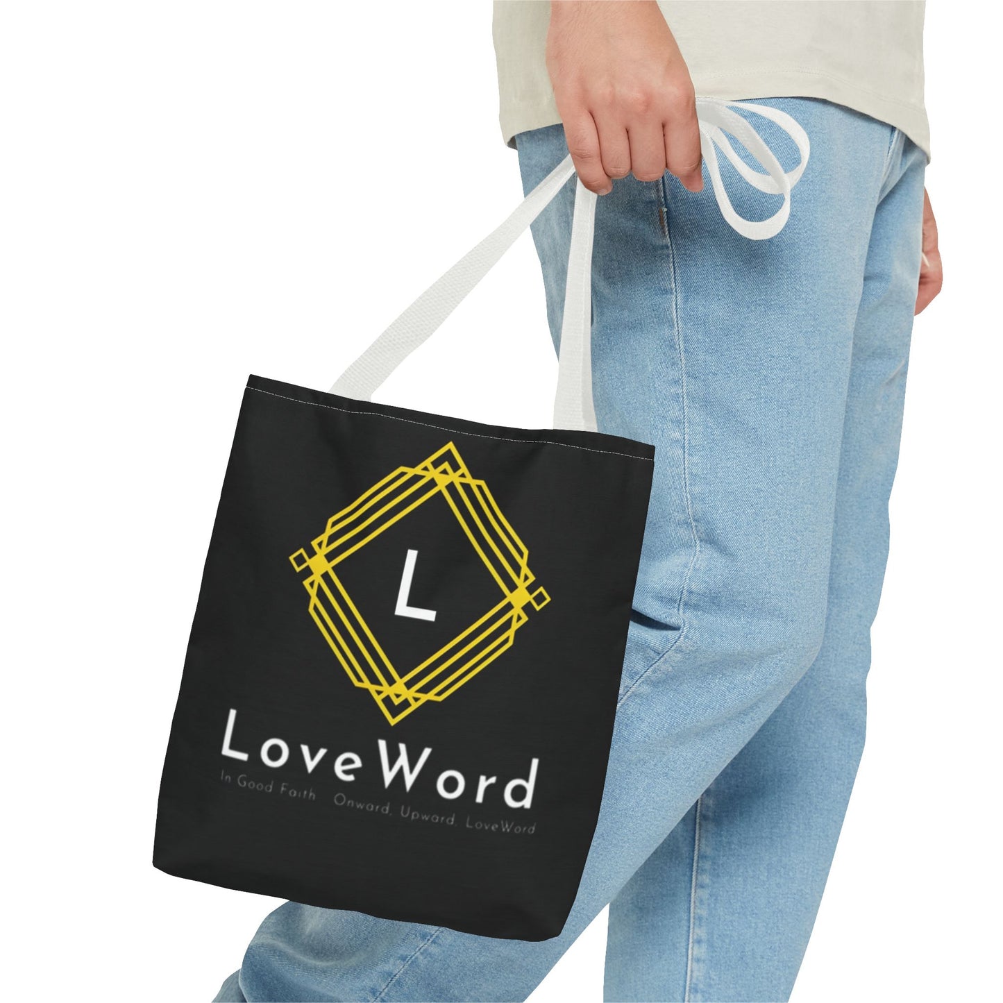 LoveWord Black Logo Tote Bag — Gold Geometric Monogram AOP Tote