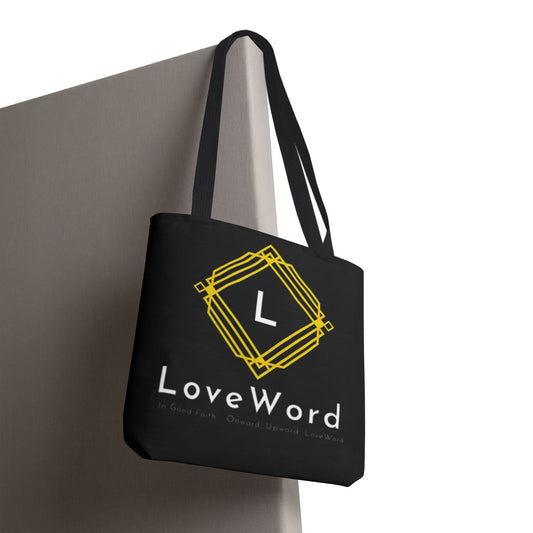 LoveWord Black Logo Tote Bag — Gold Geometric Monogram AOP Tote