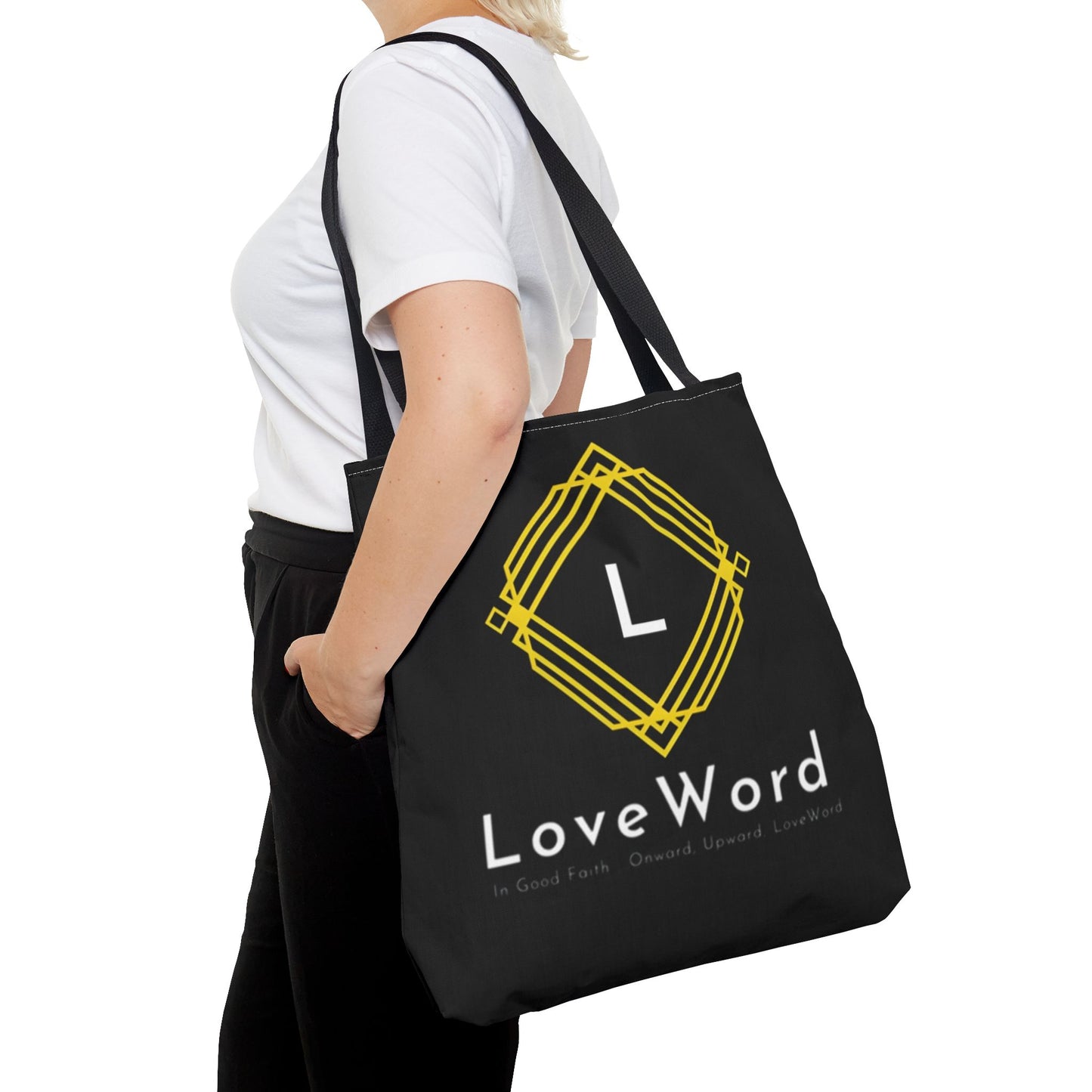 LoveWord Black Logo Tote Bag — Gold Geometric Monogram AOP Tote