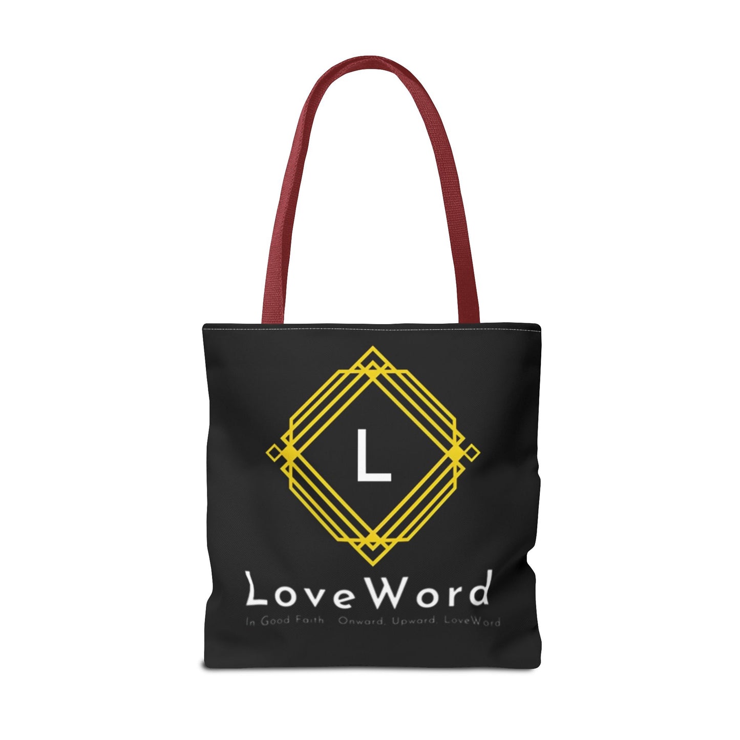 LoveWord Black Logo Tote Bag — Gold Geometric Monogram AOP Tote