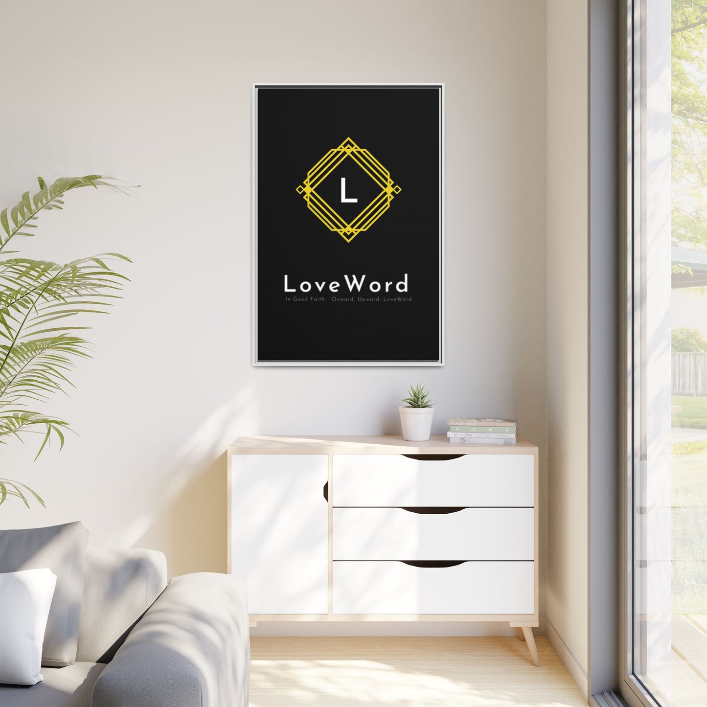 Framed Matte Canvas Art – LoveWord Gold Emblem on Black