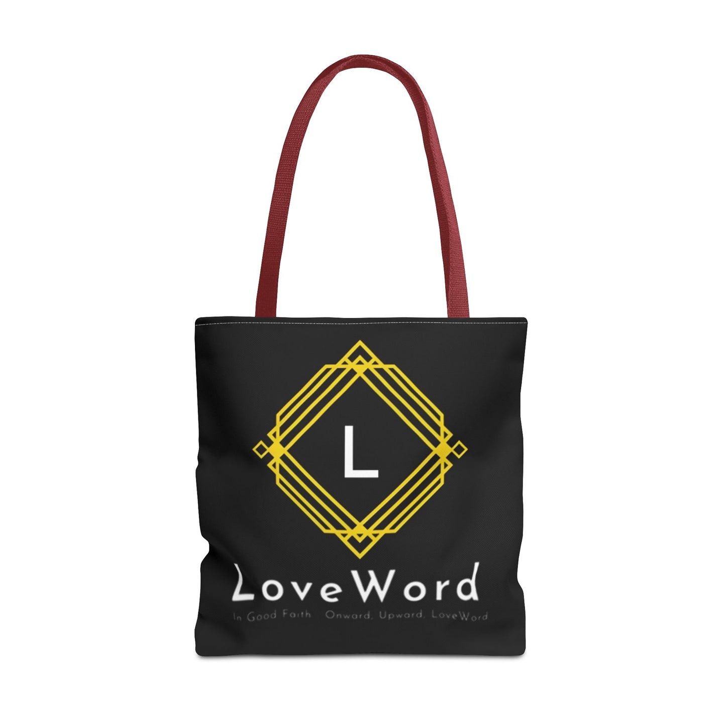 LoveWord Black Logo Tote Bag — Gold Geometric Monogram AOP Tote