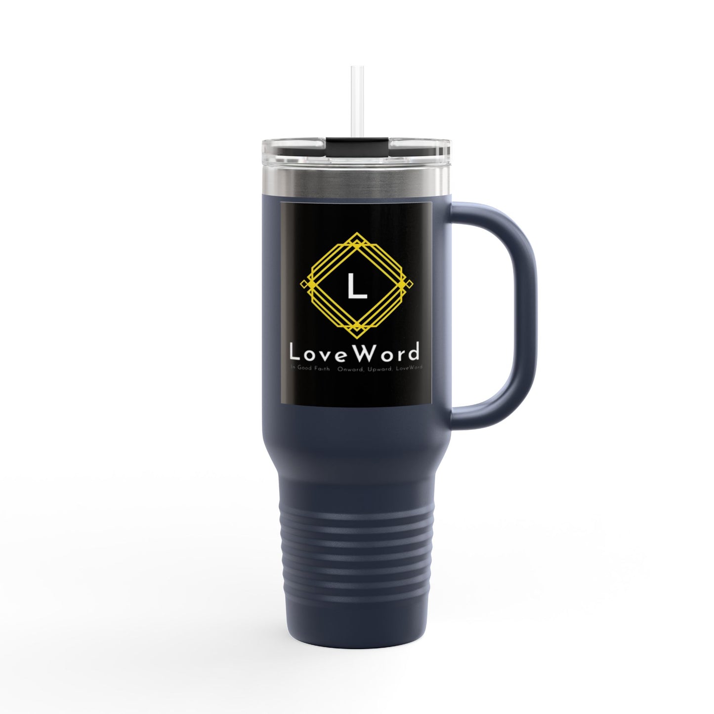40oz Insulated Travel Mug with LoveWord Logo — Large Spill‑Resistant Tumbler with Straw & Handle