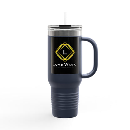 40oz Insulated Travel Mug with LoveWord Logo — Large Spill‑Resistant Tumbler with Straw & Handle
