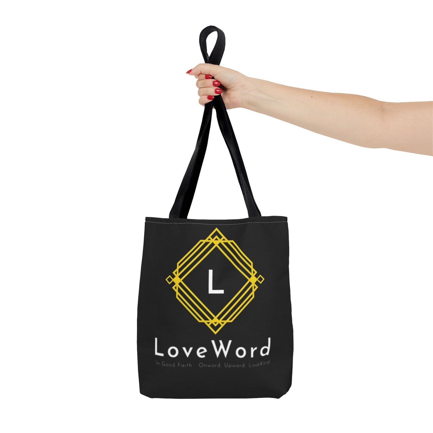 LoveWord Black Logo Tote Bag — Gold Geometric Monogram AOP Tote