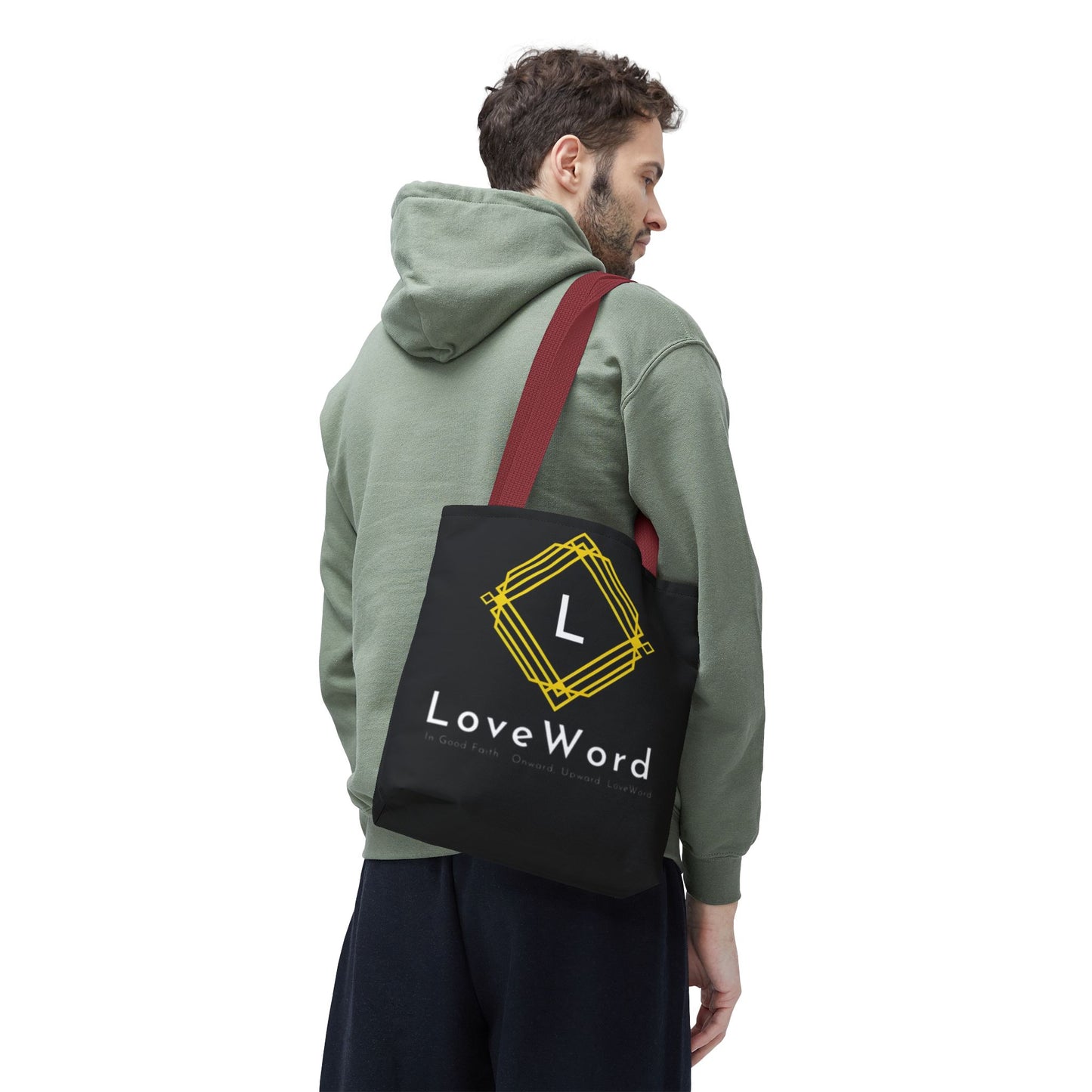 LoveWord Black Logo Tote Bag — Gold Geometric Monogram AOP Tote