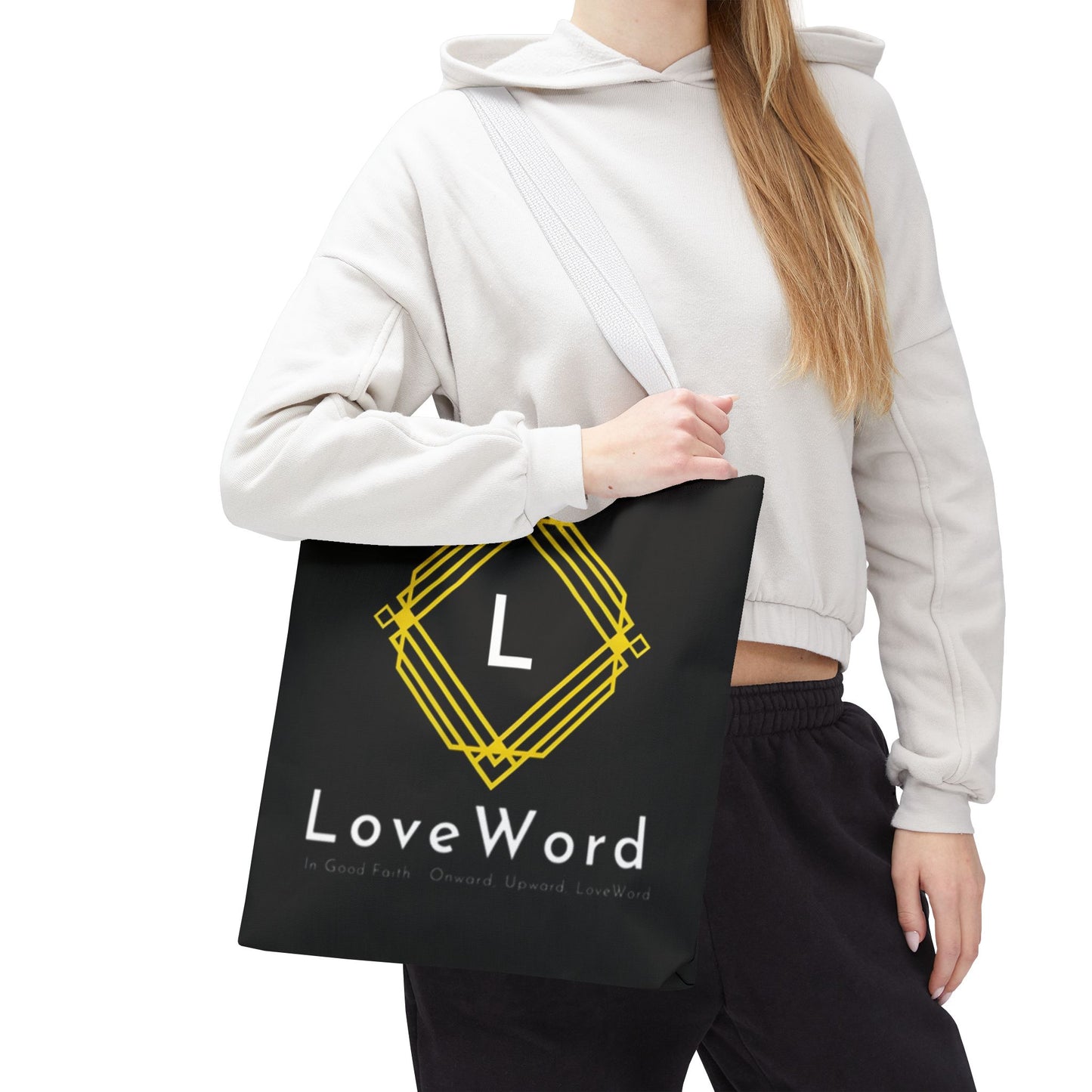 LoveWord Black Logo Tote Bag — Gold Geometric Monogram AOP Tote