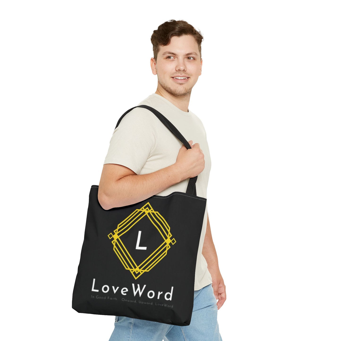 LoveWord Black Logo Tote Bag — Gold Geometric Monogram AOP Tote