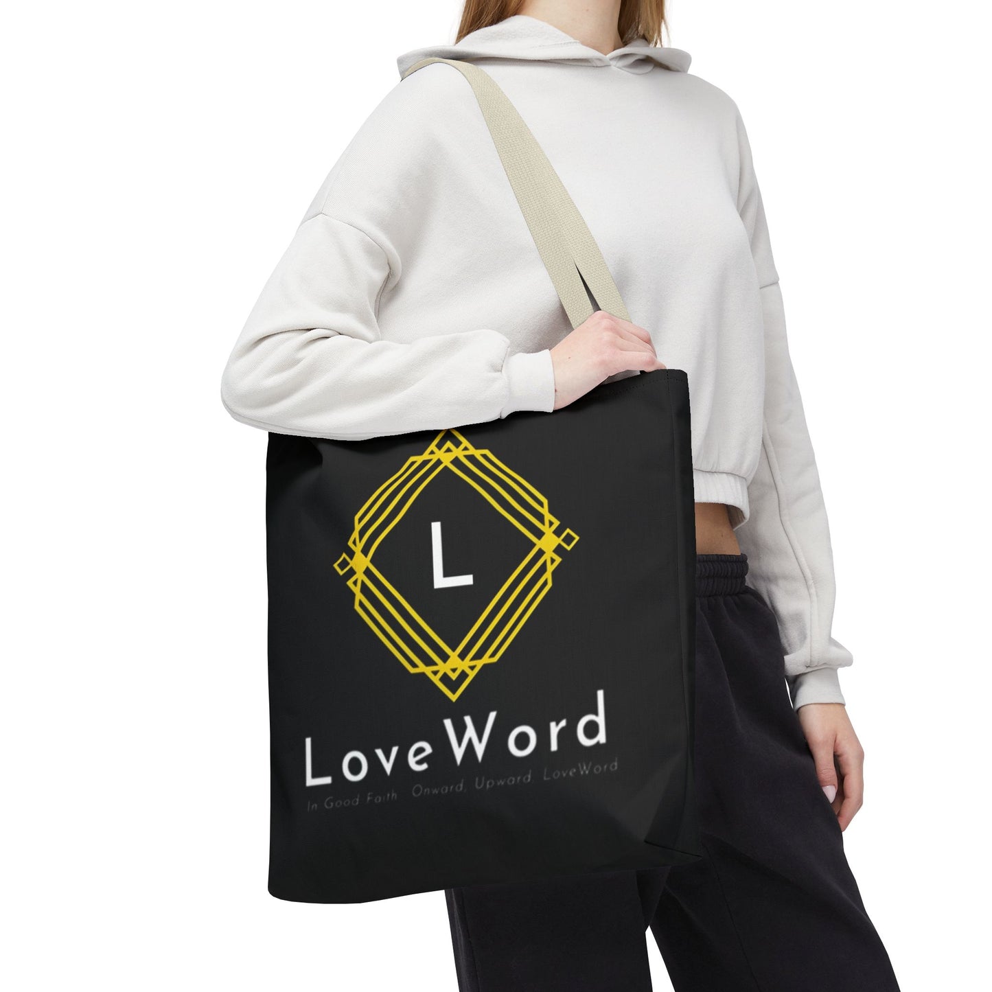 LoveWord Black Logo Tote Bag — Gold Geometric Monogram AOP Tote