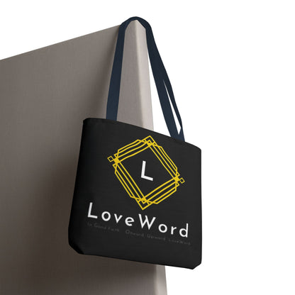 LoveWord Black Logo Tote Bag — Gold Geometric Monogram AOP Tote
