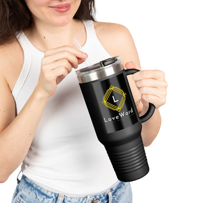 40oz Insulated Travel Mug with LoveWord Logo — Large Spill‑Resistant Tumbler with Straw & Handle