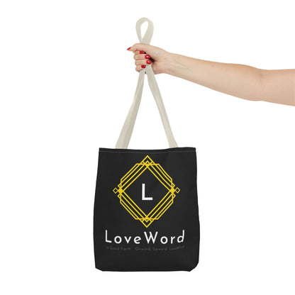 LoveWord Black Logo Tote Bag — Gold Geometric Monogram AOP Tote