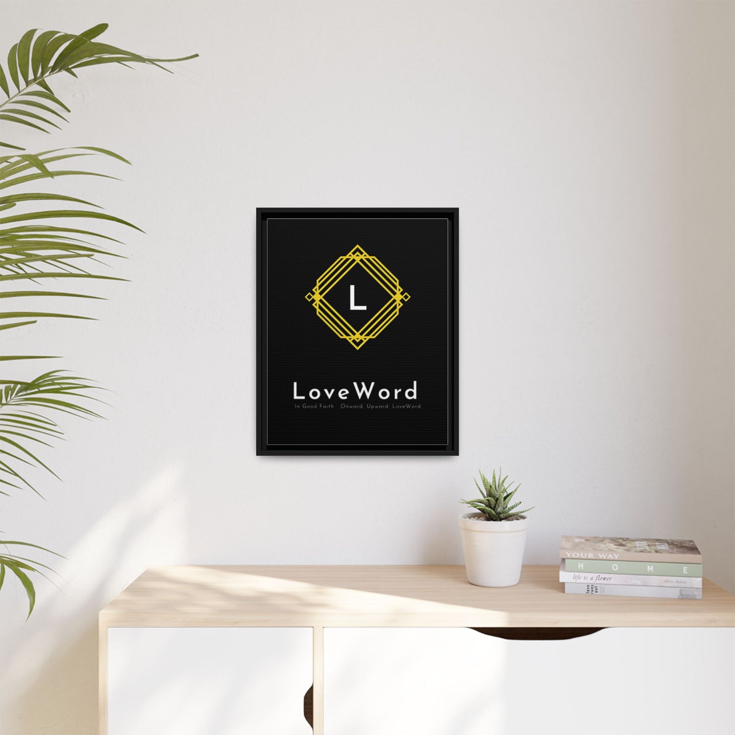 Framed Matte Canvas Art – LoveWord Gold Emblem on Black