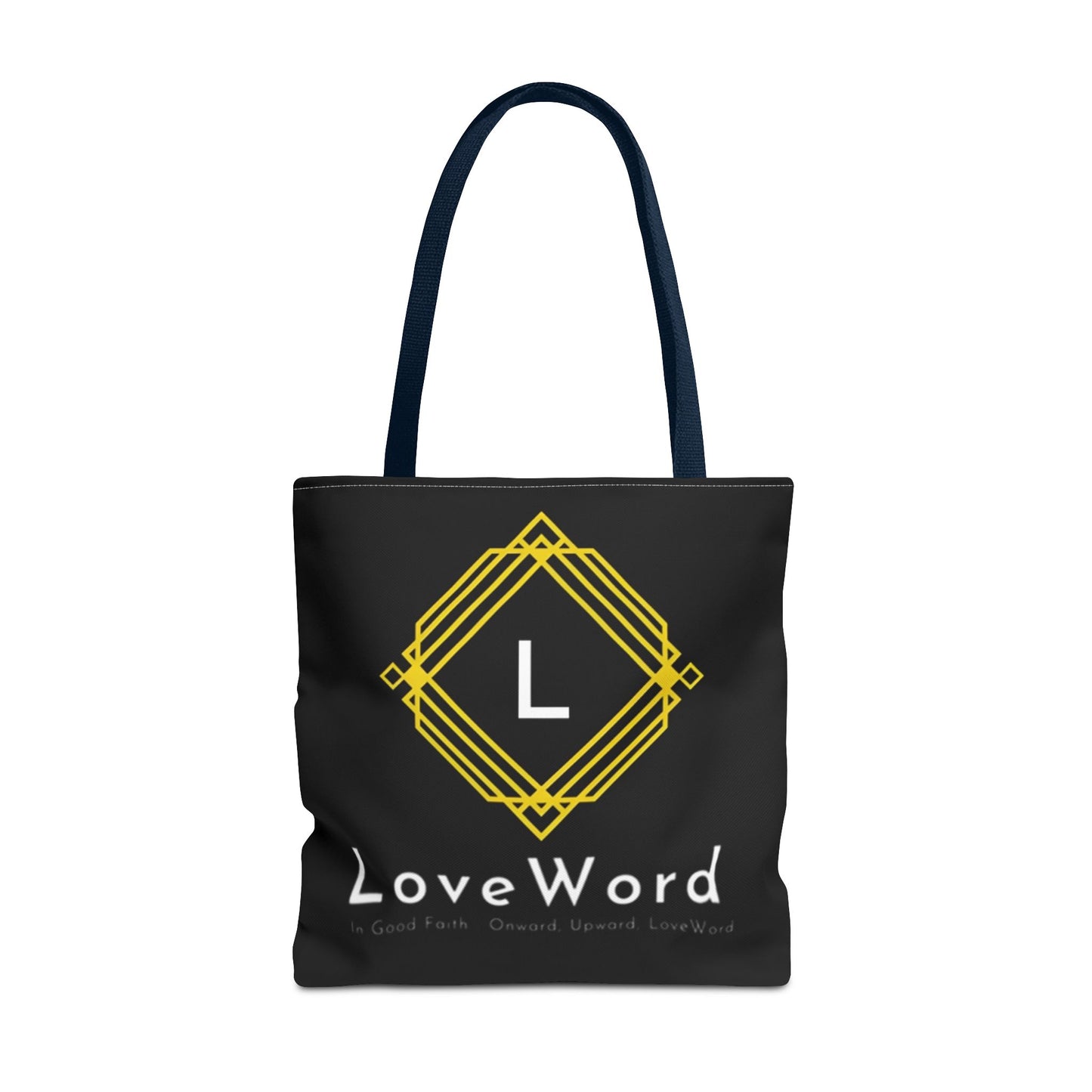 LoveWord Black Logo Tote Bag — Gold Geometric Monogram AOP Tote