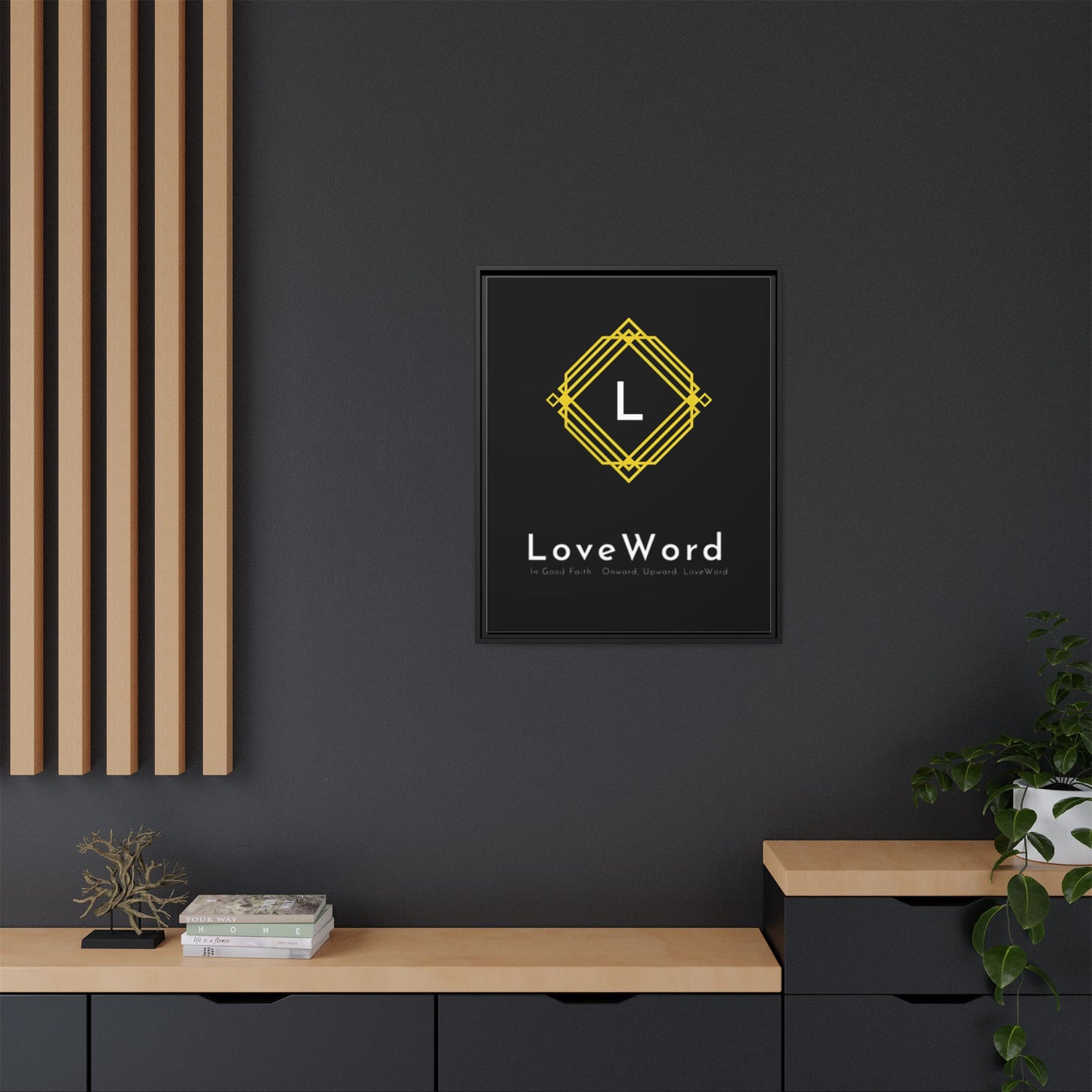 Framed Matte Canvas Art – LoveWord Gold Emblem on Black