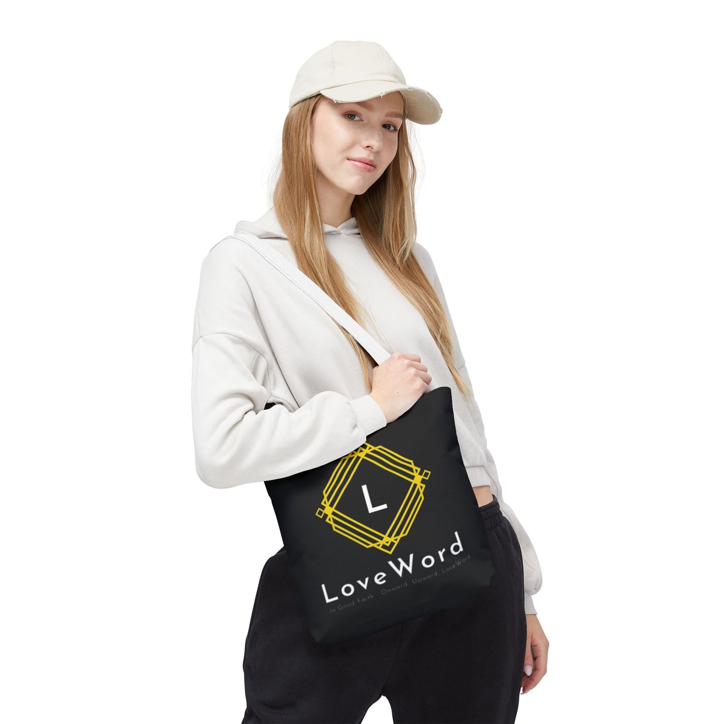 LoveWord Black Logo Tote Bag — Gold Geometric Monogram AOP Tote