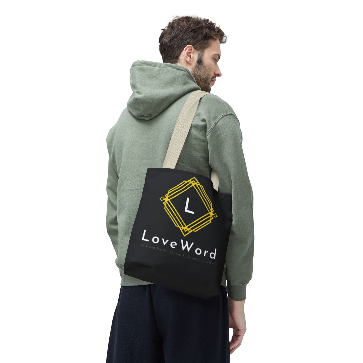LoveWord Black Logo Tote Bag — Gold Geometric Monogram AOP Tote