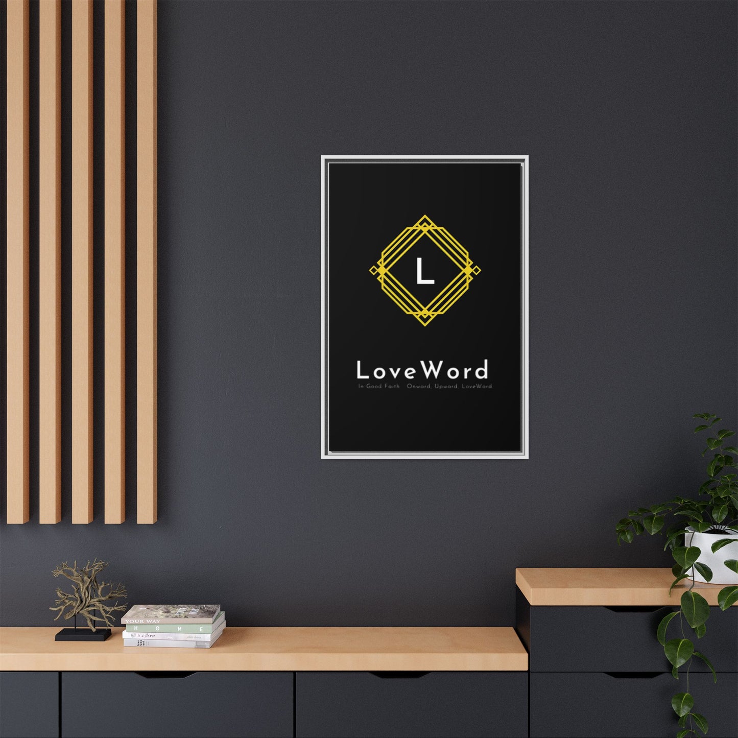 Framed Matte Canvas Art – LoveWord Gold Emblem on Black