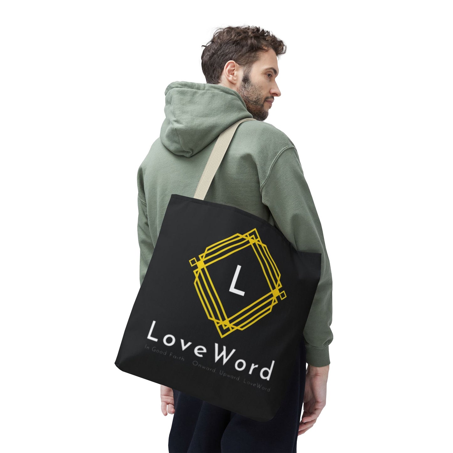 LoveWord Black Logo Tote Bag — Gold Geometric Monogram AOP Tote