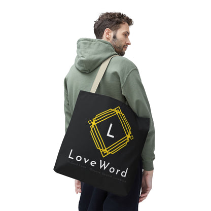 LoveWord Black Logo Tote Bag — Gold Geometric Monogram AOP Tote
