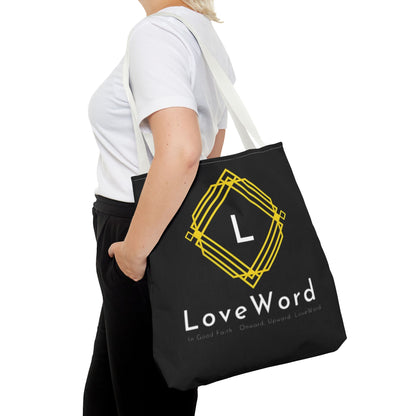 LoveWord Black Logo Tote Bag — Gold Geometric Monogram AOP Tote