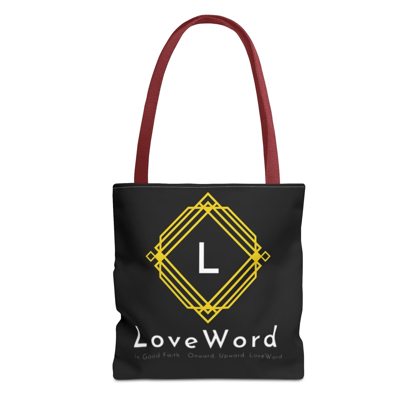 LoveWord Black Logo Tote Bag — Gold Geometric Monogram AOP Tote