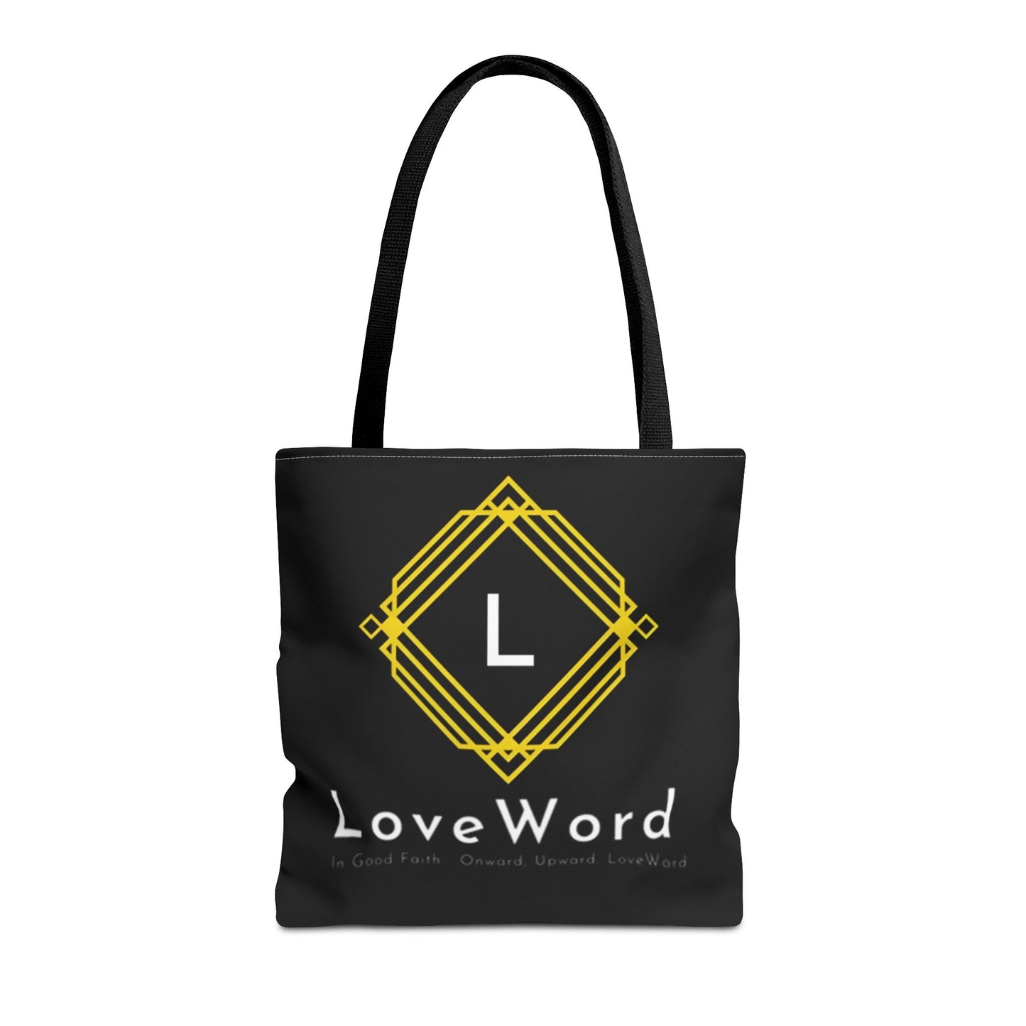 LoveWord Black Logo Tote Bag — Gold Geometric Monogram AOP Tote