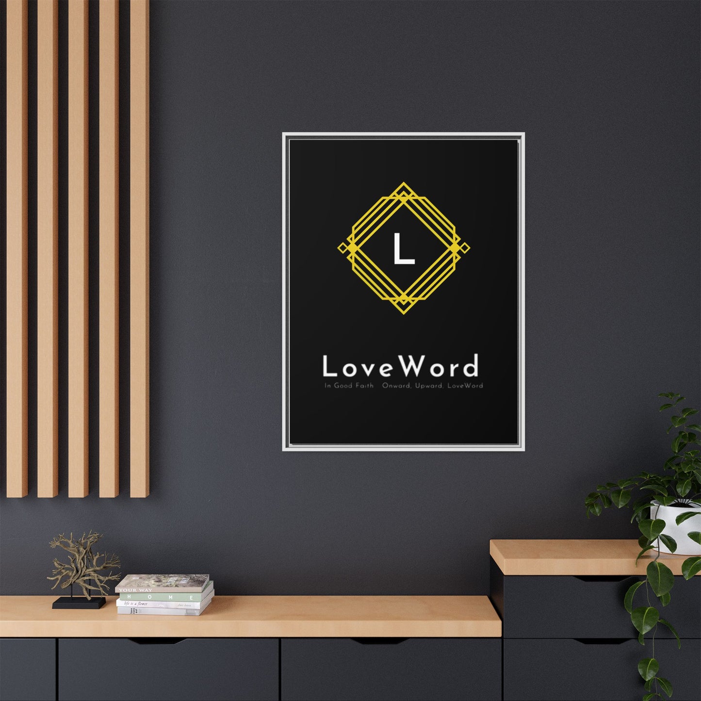 Framed Matte Canvas Art – LoveWord Gold Emblem on Black