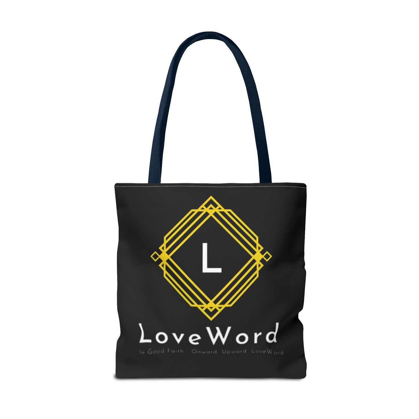 LoveWord Black Logo Tote Bag — Gold Geometric Monogram AOP Tote