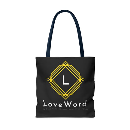 LoveWord Black Logo Tote Bag — Gold Geometric Monogram AOP Tote