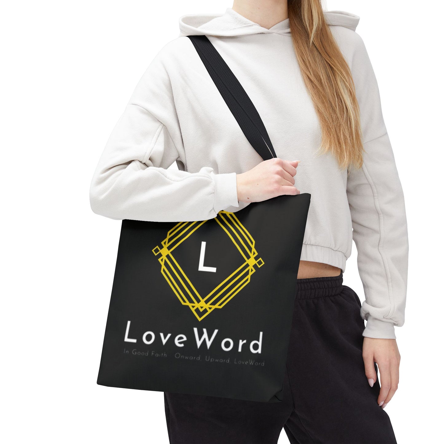 LoveWord Black Logo Tote Bag — Gold Geometric Monogram AOP Tote