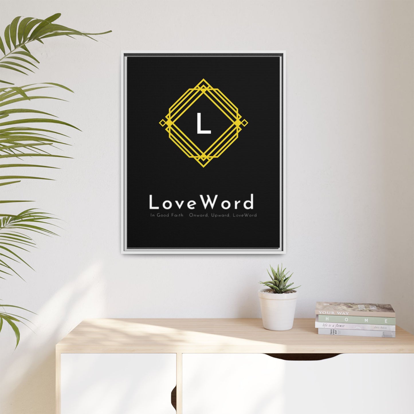 Framed Matte Canvas Art – LoveWord Gold Emblem on Black