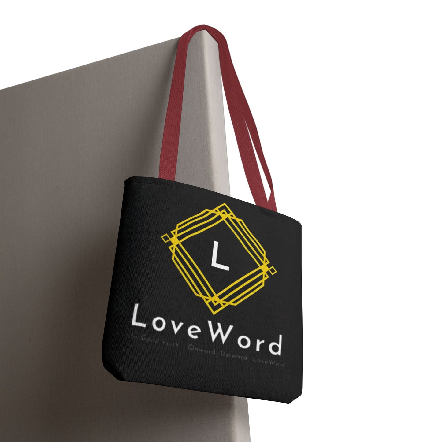 LoveWord Black Logo Tote Bag — Gold Geometric Monogram AOP Tote