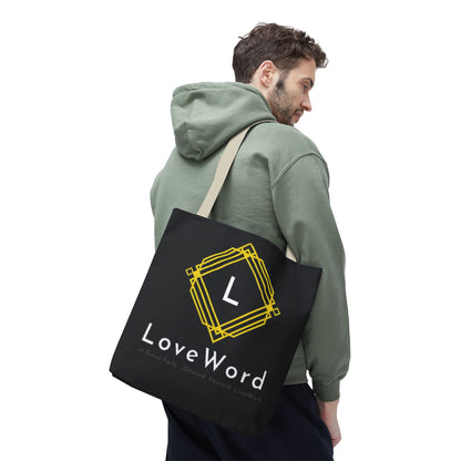 LoveWord Black Logo Tote Bag — Gold Geometric Monogram AOP Tote