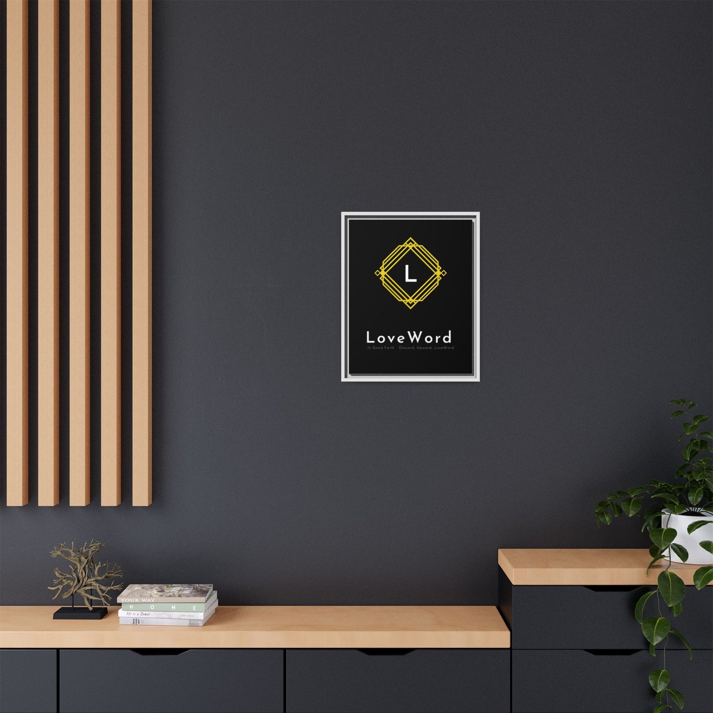 Framed Matte Canvas Art – LoveWord Gold Emblem on Black