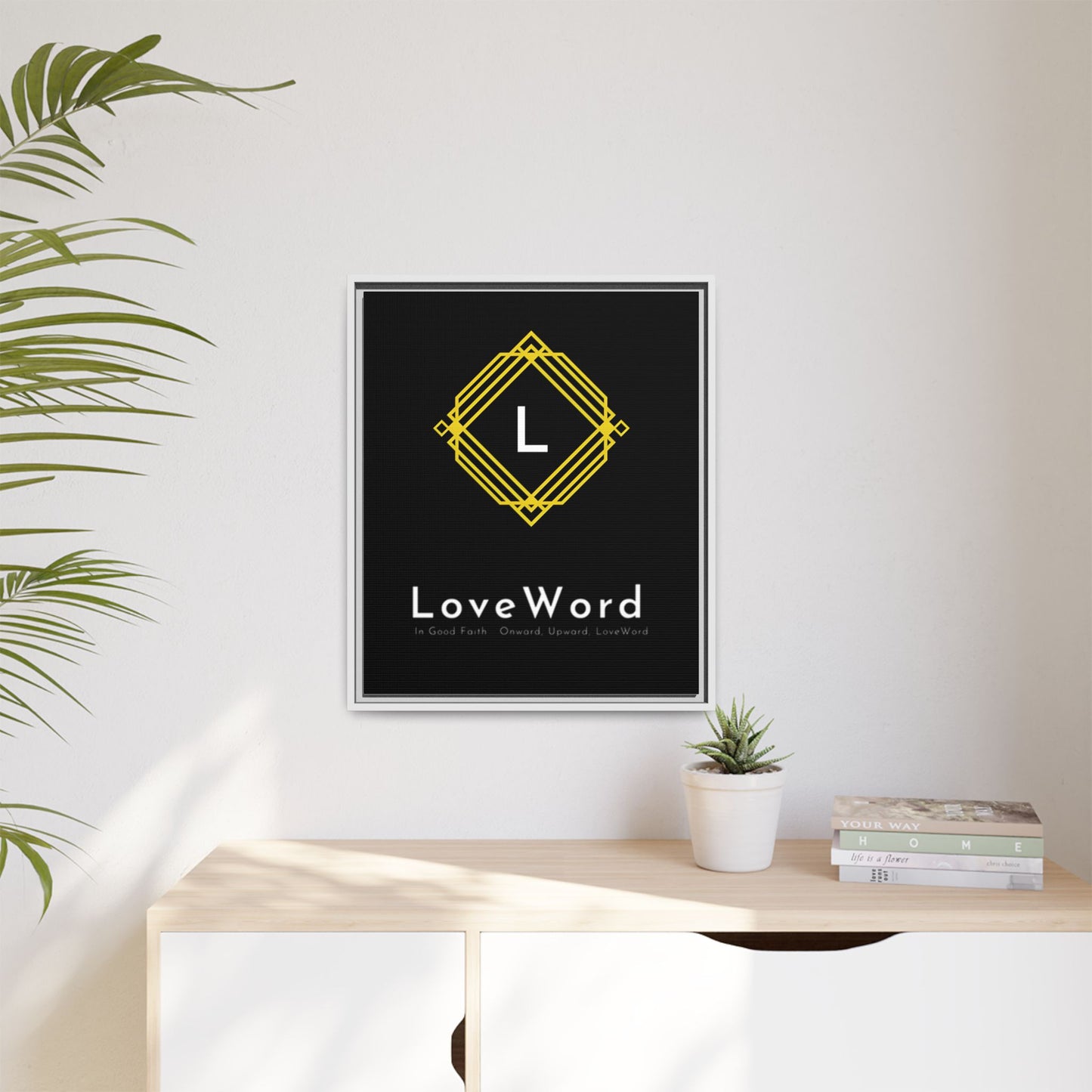 Framed Matte Canvas Art – LoveWord Gold Emblem on Black