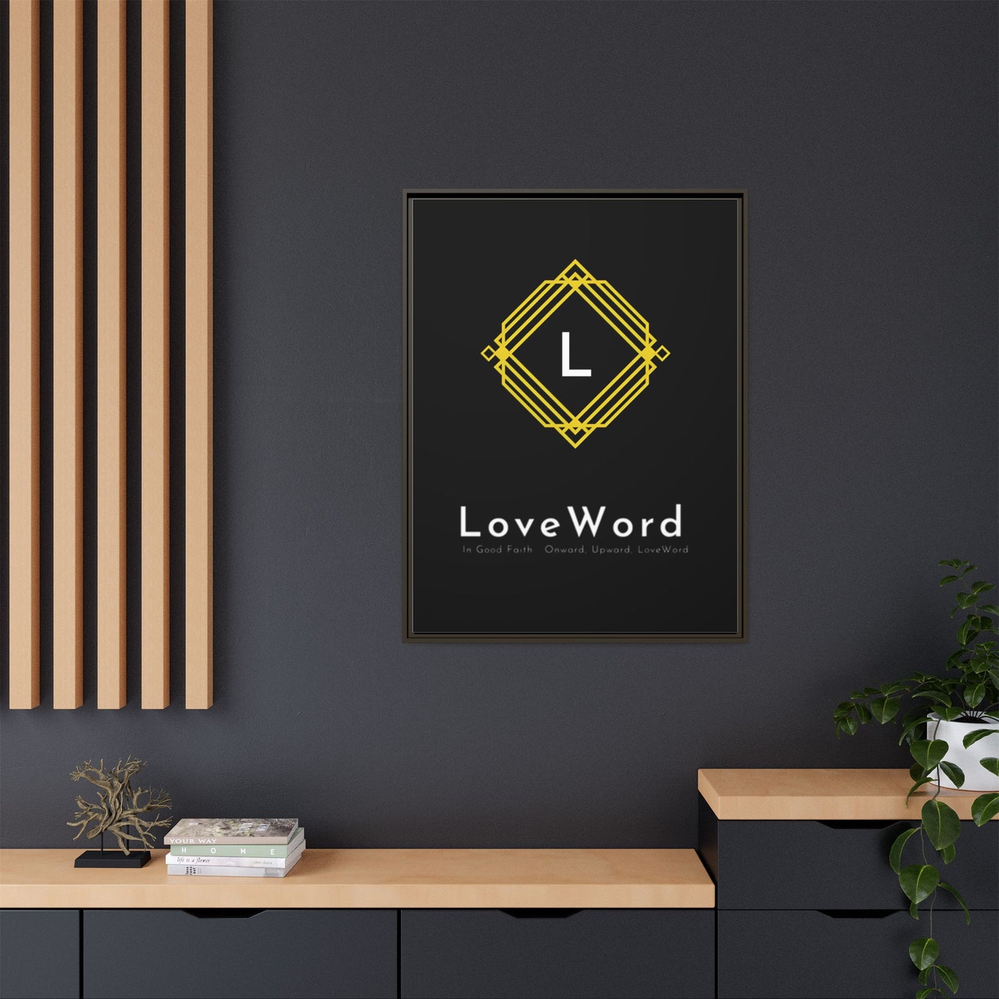 Framed Matte Canvas Art – LoveWord Gold Emblem on Black