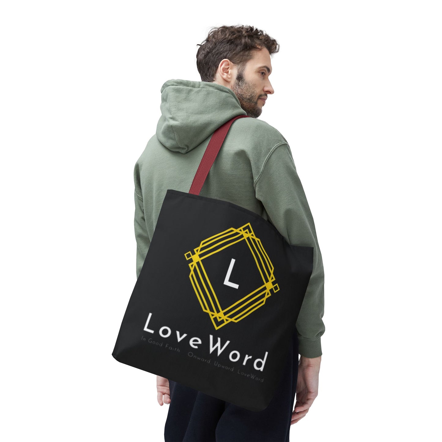 LoveWord Black Logo Tote Bag — Gold Geometric Monogram AOP Tote