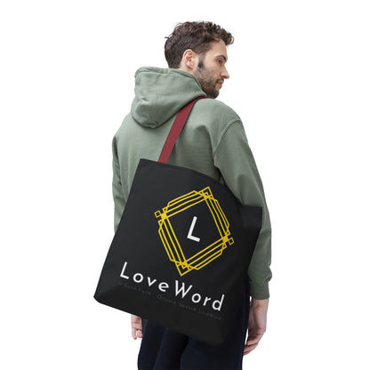 LoveWord Black Logo Tote Bag — Gold Geometric Monogram AOP Tote