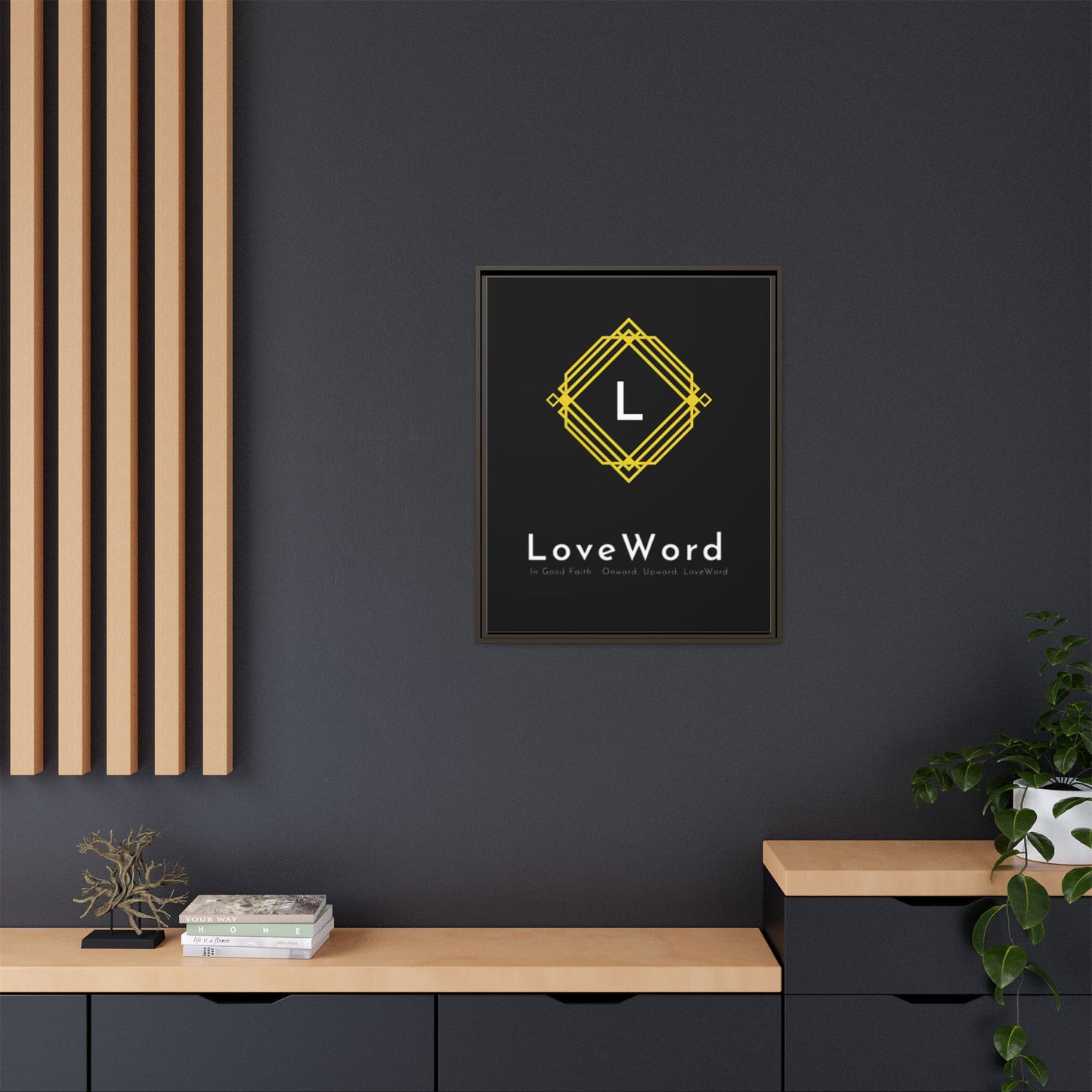 Framed Matte Canvas Art – LoveWord Gold Emblem on Black