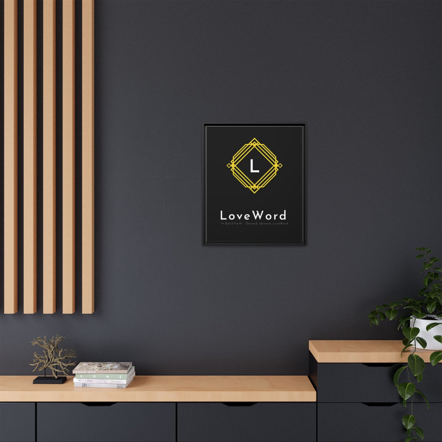 Framed Matte Canvas Art – LoveWord Gold Emblem on Black