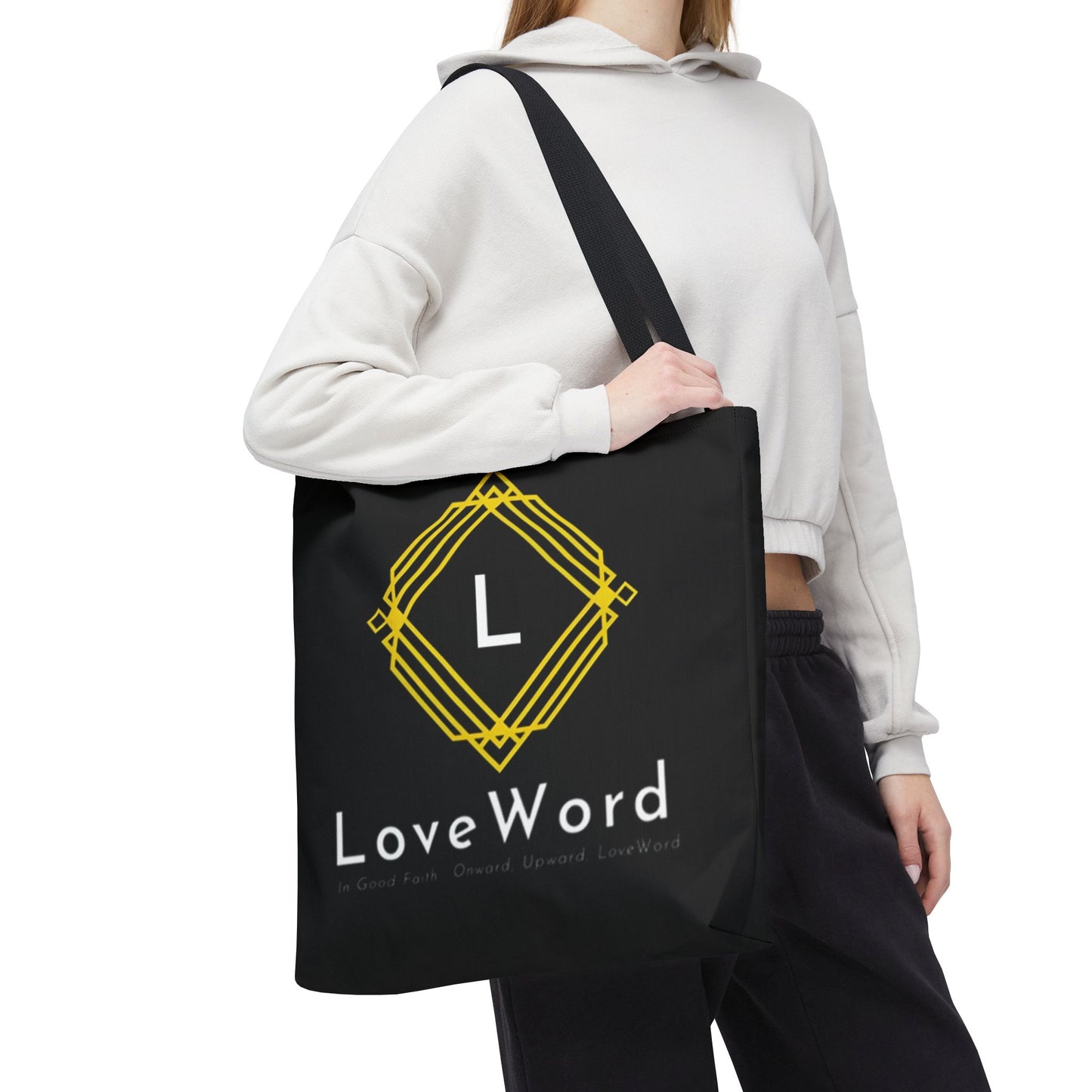 LoveWord Black Logo Tote Bag — Gold Geometric Monogram AOP Tote
