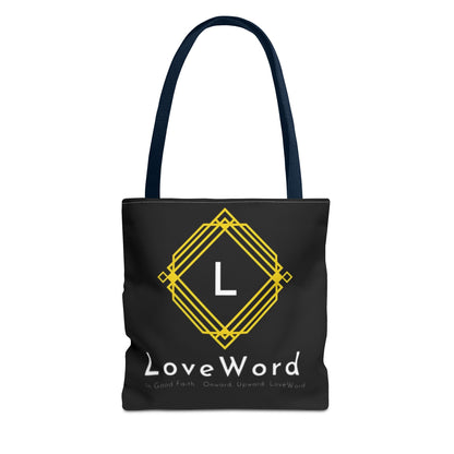 LoveWord Black Logo Tote Bag — Gold Geometric Monogram AOP Tote